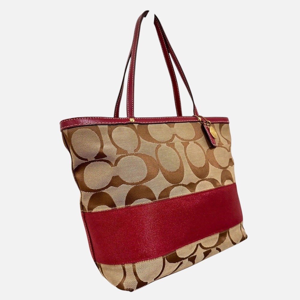 Coach Signature Stripe Tote Bag Canvas Burgundy Leather Y2K Vintage 10124 - Picture 3 of 8